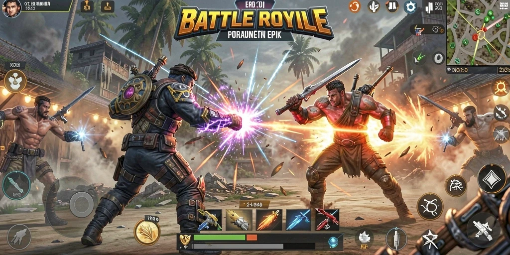 Screenshot utama 3446 menggambarkan pertempuran intens di tengah pulau.