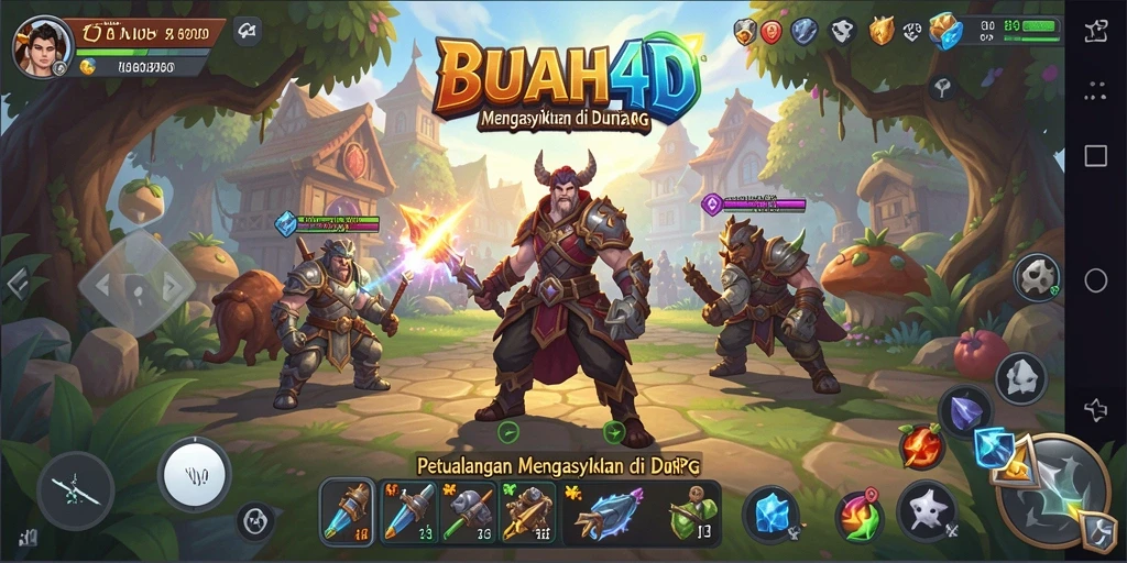 Tangkapan layar gameplay ARPG BUAH4D dengan pertarungan epik dan karakter heroik.