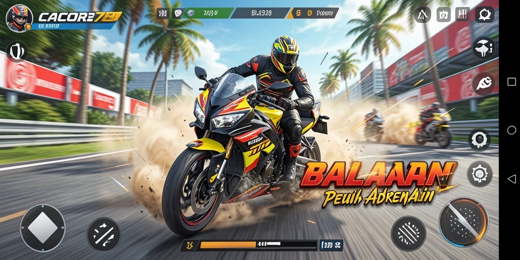 Tampilan gameplay menegangkan dari CACOR78 selama balapan motor.