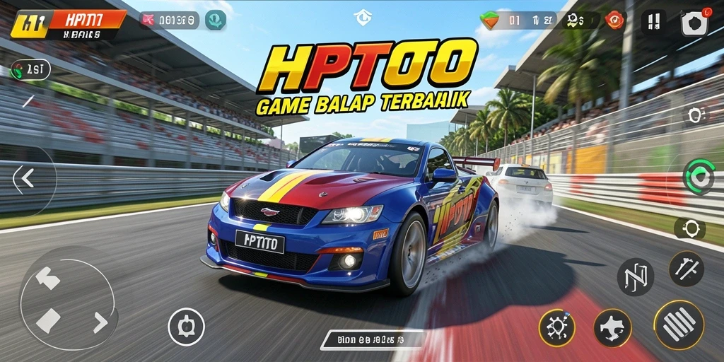 Gameplay mendebarkan HPTOTO dengan mobil balap di lintasan.
