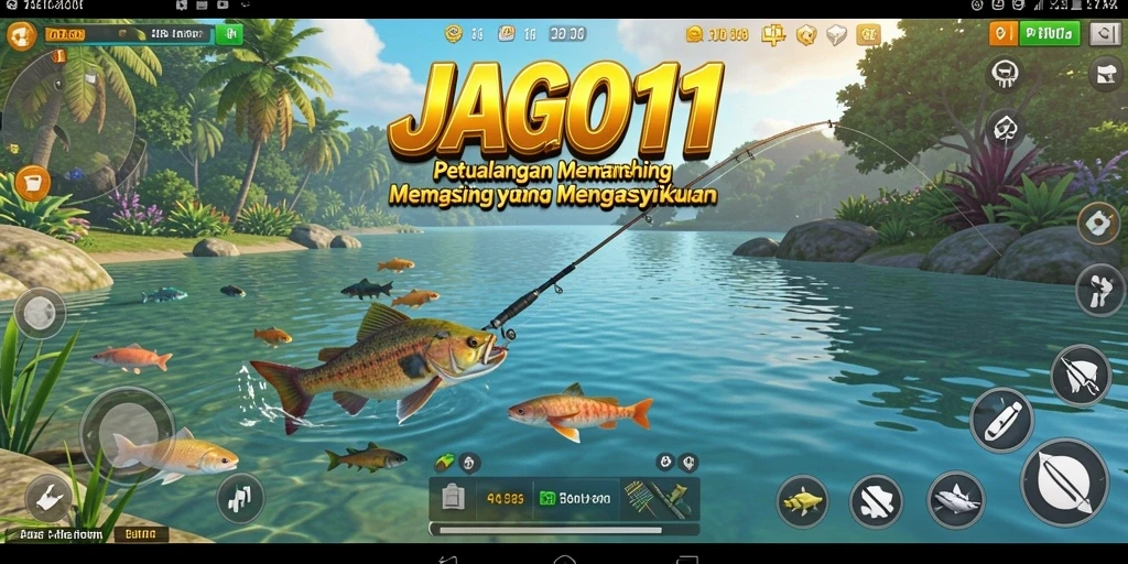 Screenshot utama JAGO11 menampilkan aksi memancing yang seru di danau indah.