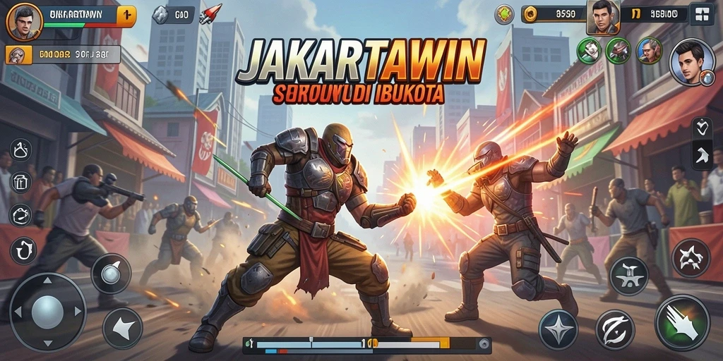 Screenshot JAKARTAWIN menampilkan pertarungan penuh aksi dan karakter yang kuat.