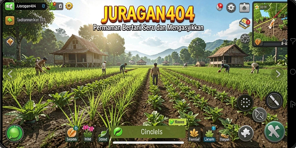 Screenshot gameplay menunjukkan kebun yang indah dan bertani seru.