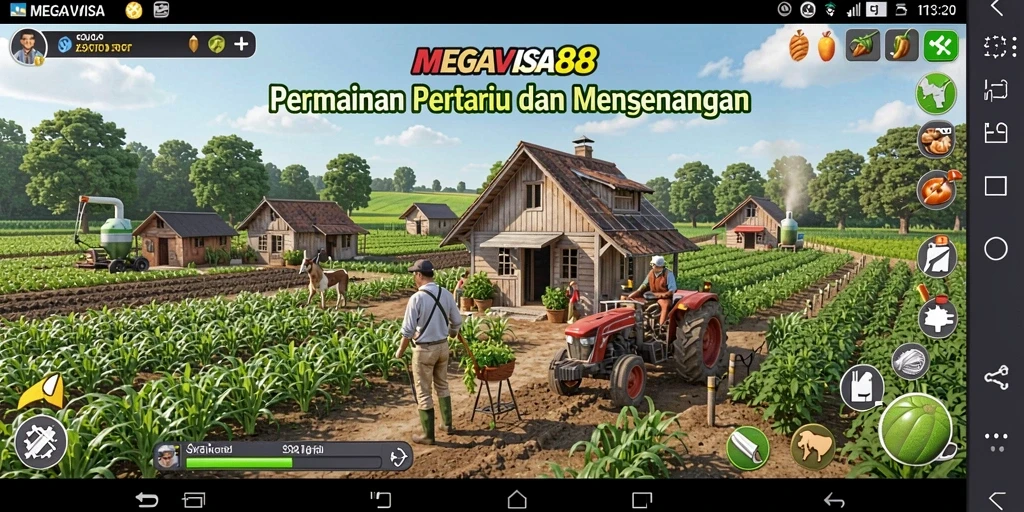 Screenshot gameplay MEGAVISA88 menampilkan aktivitas bertani dan panen.