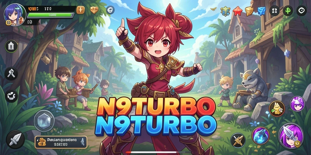 Tangkapan layar dari gameplay N9TURBO yang penuh warna dan karakter.