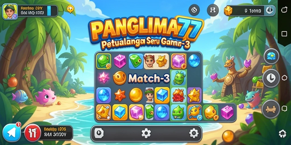 Screenshot gameplay <strong>PANGLIMA77</strong> menampilkan aksi mencocokkan batu permata.