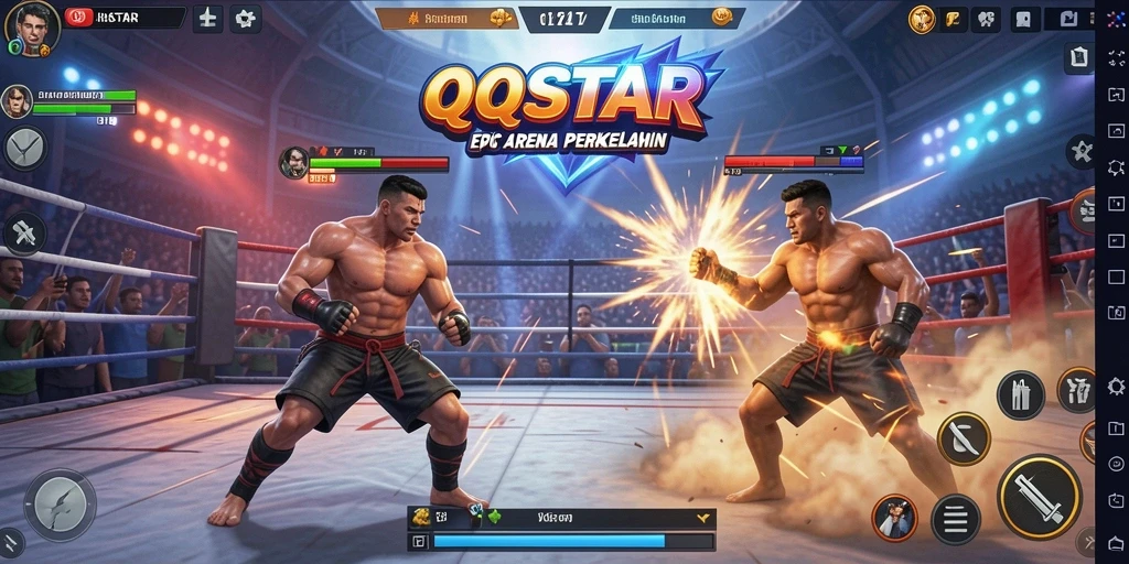 Screenshot game QQSTAR menampilkan aksi pertarungan seru dan karakter yang dinamis.