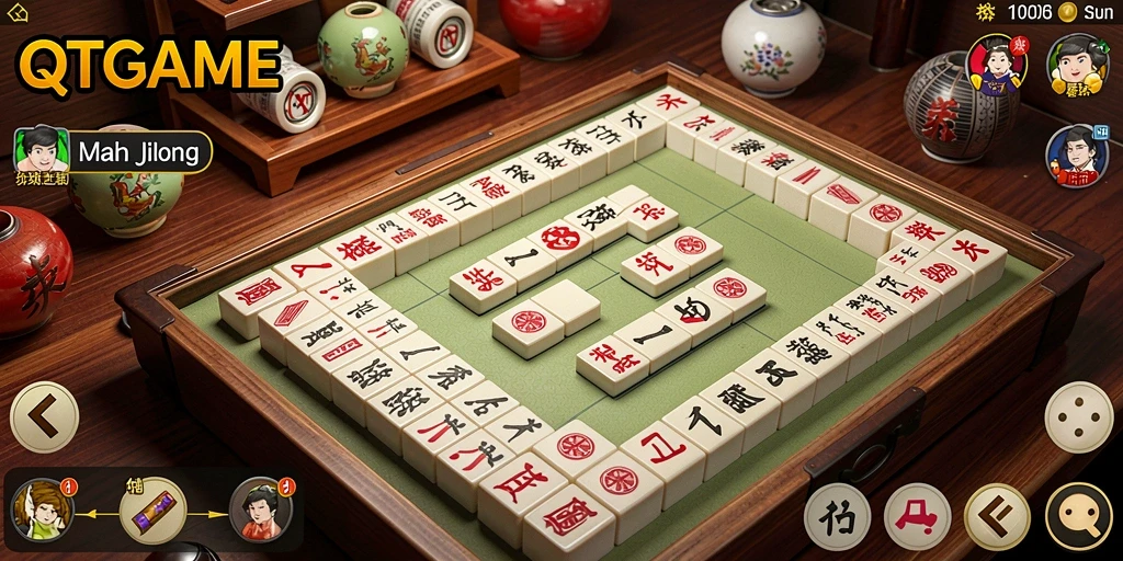 Gameplay QTGAME yang mendebarkan dengan ubin Mahjong berwarna-warni.
